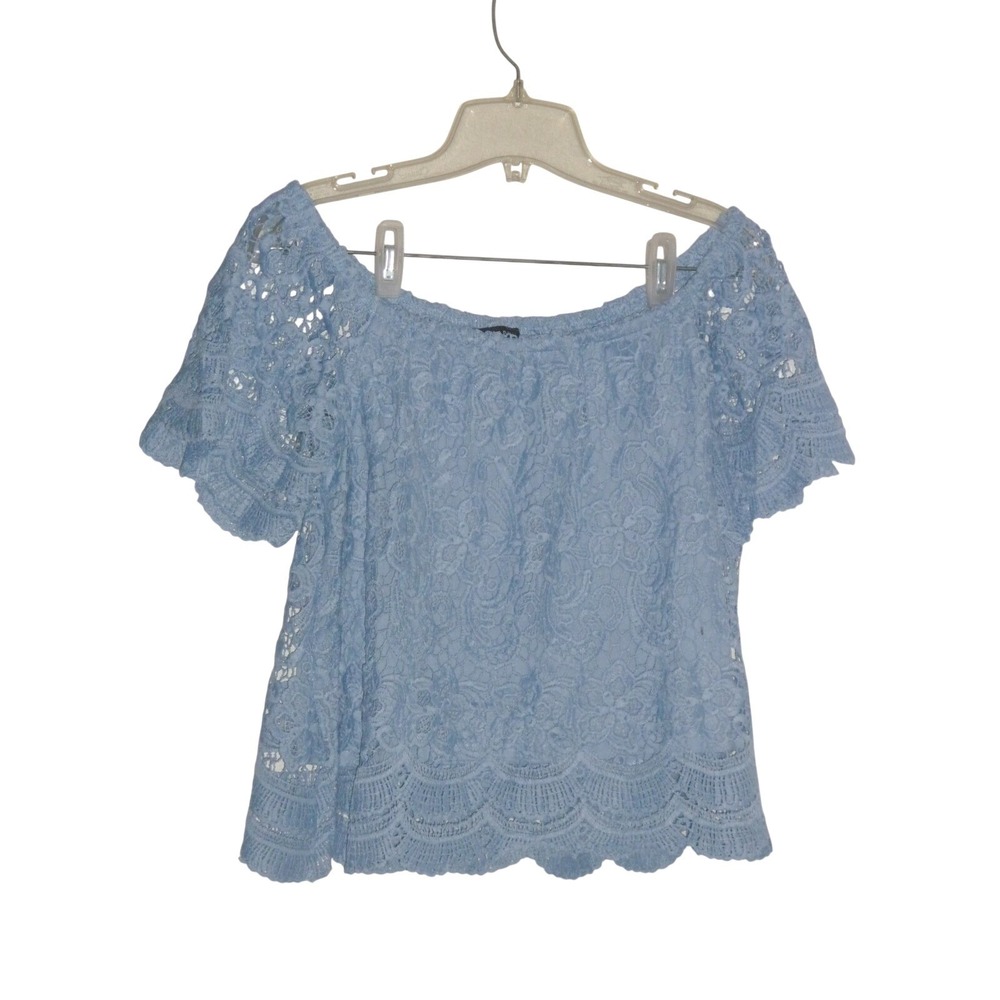 Haute Monde Off The Shoulder Lace Top Blue Short Sleeve‎ Scalloped Hem Crop M